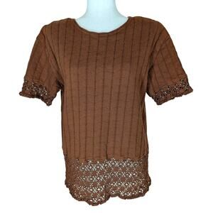 Vintage Womens Short Sleeve Brown Top Open Knit Sleeves & Hem David Wayne M/L